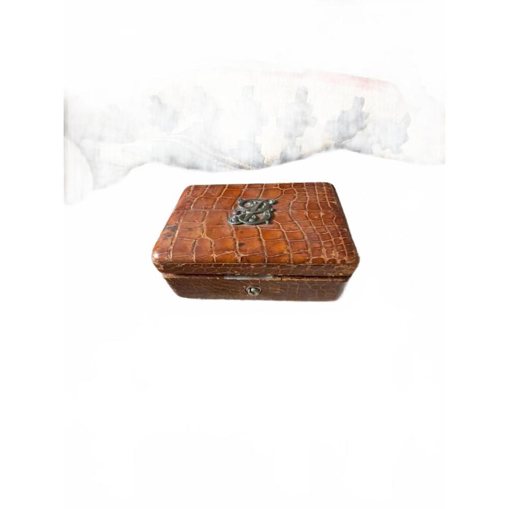 Antique Crocodile Skin Leather‎ Jewelry Box with Brass Hardware